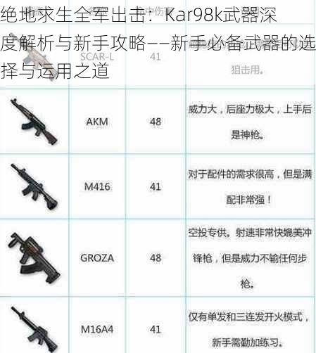 绝地求生全军出击：Kar98k武器深度解析与新手攻略——新手必备武器的选择与运用之道